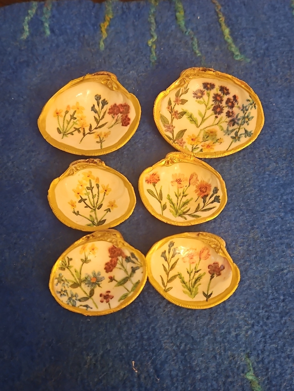Hand Painted Clam Shells with Decopaged Floral Design. Set Of 6